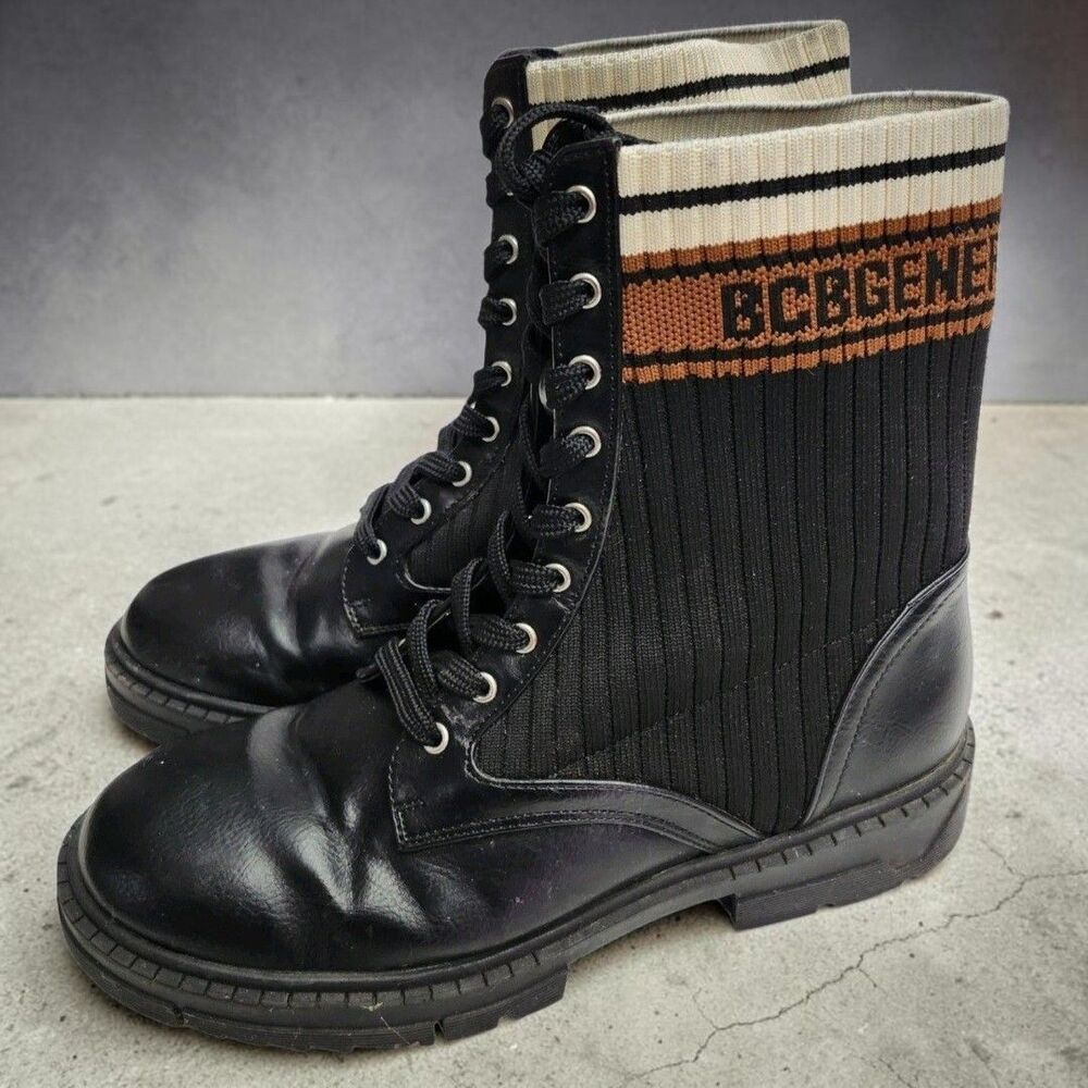 BCBGeneration Tassie Combat Boot Women 7.5 Black Brown Sock Lug Sole Streetwear